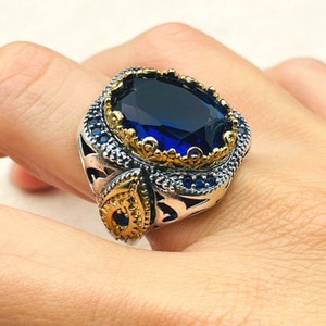 Mens Blue Sapphire Stone Silver Ring, Turkish Handmade Silver Ring, Oval Stone Ring, Blue Stone Ring, 925k Solid Silver Ring, Gift for Him