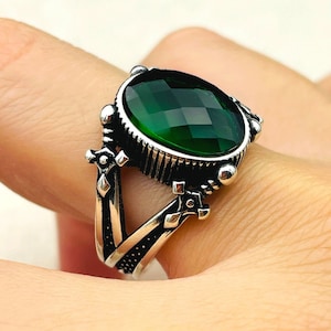 Green Emerald Oval Stone Handmade Silver Ring Men And Women, 925K Sterling Silver Ring, Turkish Handmade Ring, Unique Gift Ring