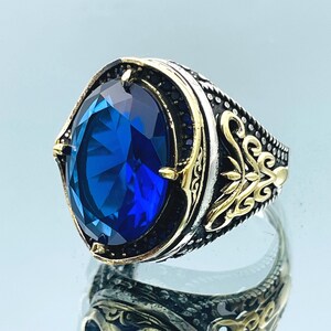 Blue Sapphire Stone Silver Ring, 925 Sterling Silver, Turkish Handmade, Gift Men Ring, Authentic Ring, Gothic Design Fashion Ring, Ottoman