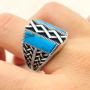 Men&#39;s Turquoise Stone Silver Ring, Handmade Jewelry Men, Knitting Ring, 925K Sterling Silver,  Blue Stone Ring, Unique Ring, Gift For Him
