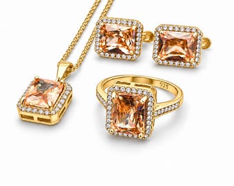 Women's Champagne Citrine Jewelry Set, 18K Gold Plated Silver, White Zircon, Three Piece Design