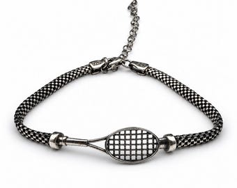 Unisex Tennis Racket Bracelet, 925 Sterling Silver, Oxidized Italian Mesh Chain Design