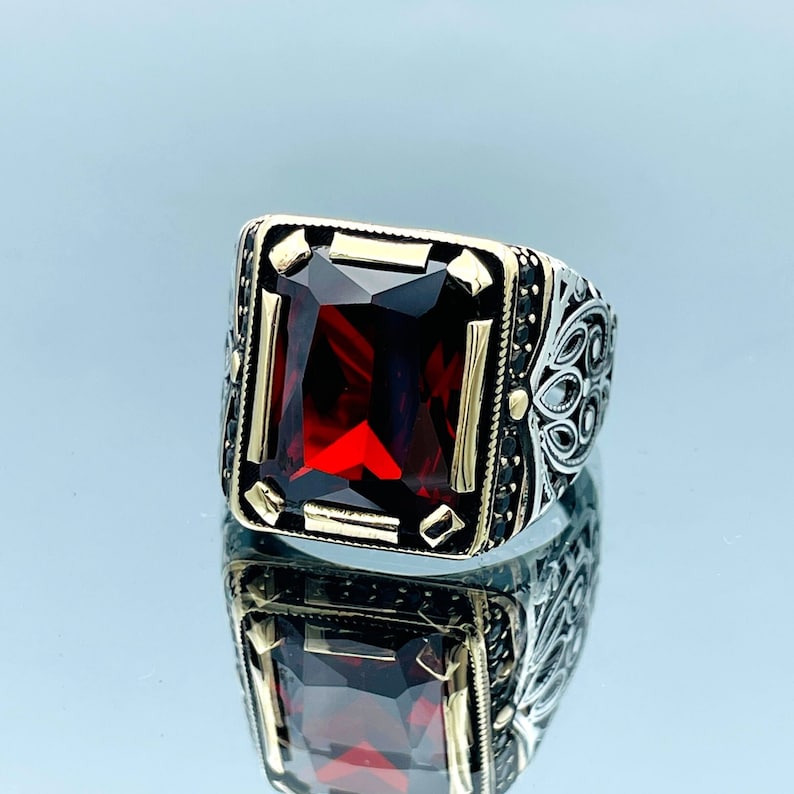 Men's Red Ruby Stone Ring Turkish Handmade Ring Squared - Etsy