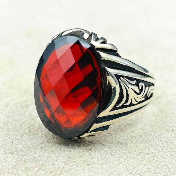 For Men Silver Ring, Red Zircon Oval Stone Handmade Silver Ring, Turkish Handmade Ring,  925K Sterling Silver Ring, Unique Gift Ring