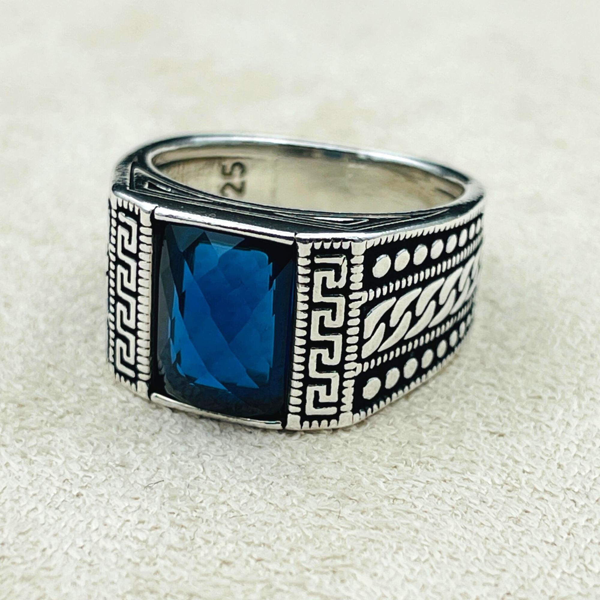 Blue Sapphire Stone Ring: Handmade 925 Sterling Silver Mens