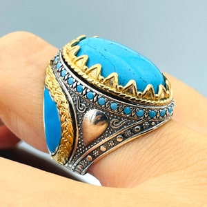 Turquoise Ring Men, Ottoman Style Ring, Turkish Handmade Ring, Oval Cut Blue Stone Ring, Mens Jewelry, 925 Sterling Silver, Christmas Gift
