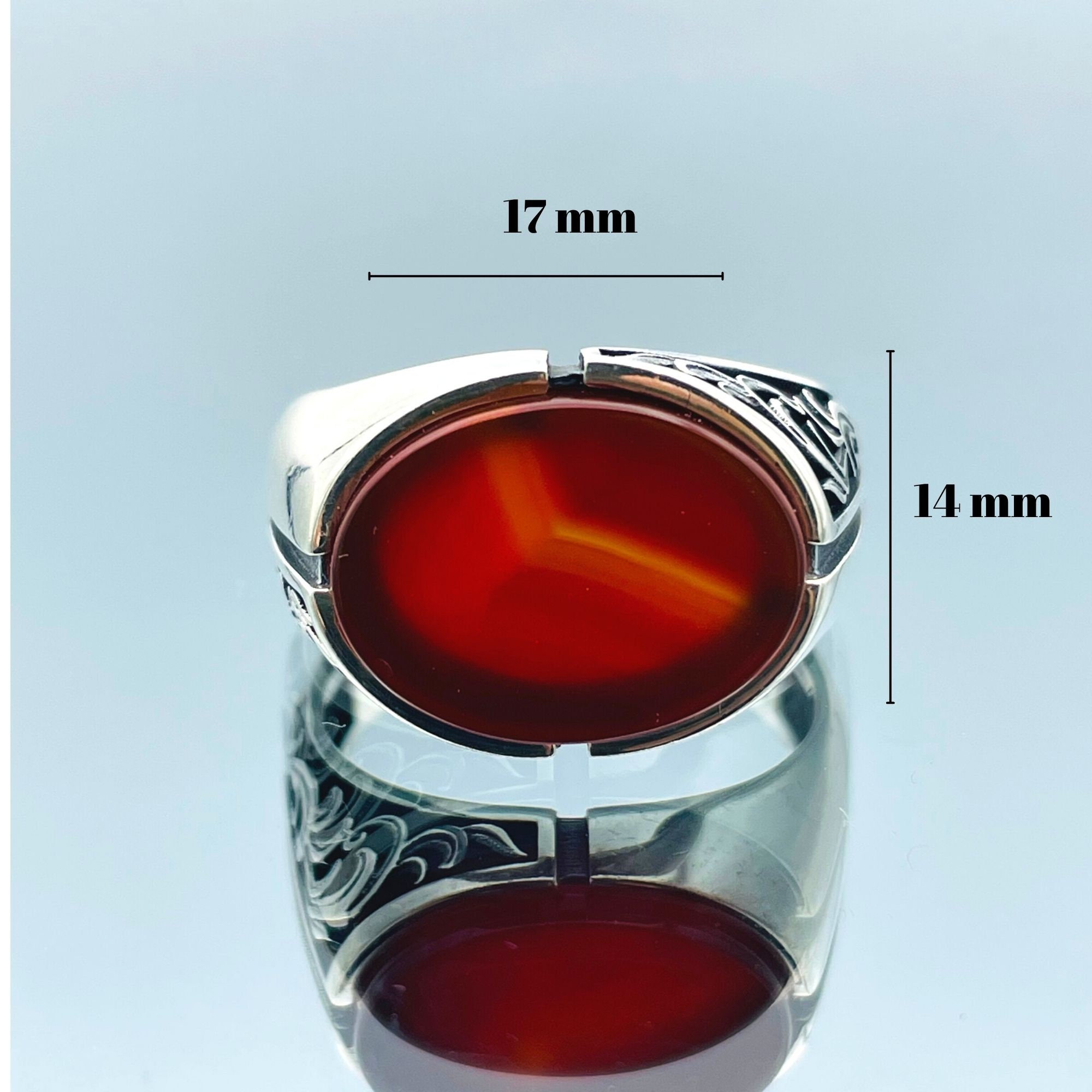 KAR Sterling Silver Men's Ring With Red Agate (Aqeeq) Stone - Filigree Design, Size 2.0x1.5 Cm