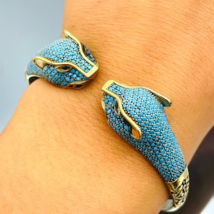 Tiger Model Blue Turquoise Stone Silver Bracelet, Ottoman Style Turkish Handmade Bracelet, Bangle Cuff, Animal Bracelet, 925 Sterling Silver