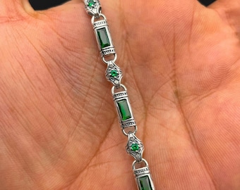 Men's Emerald Stone Silver Bracelet , Handmade Byzantine Link Chain, 925 Sterling Silver Jewelry