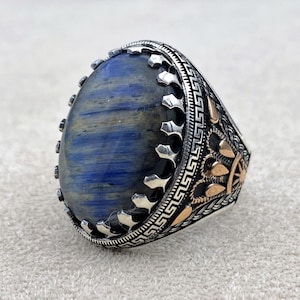 Men&#39;s Lapis Lazuli Blue Stone Handmade Silver Ring, 925 Sterling Silver, Ottoman Style Ring, Blue Pattern Stone Ring, Gift Jewelry Ring,