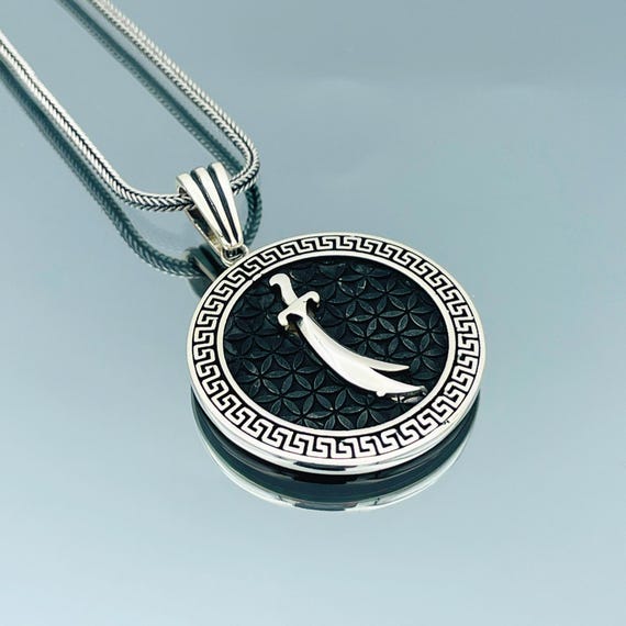 Zulfiqar Sword Pendant: 925 Sterling Silver Foxtail Chain Necklace
