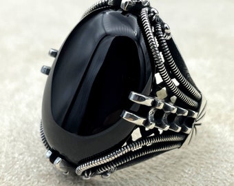 Chimoda スターリングシルバーリング メンズ ブラックオニキスストーン ハンドメイドメンズジュエリーリング キューバリンクチェーンモチーフ メンズリング | Chimoda スターリングシルバーリング メンズ オニキスまたは