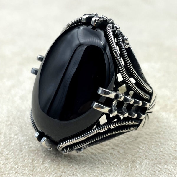 Men's Black Onyx Big Stone Silver Ring, Handmade Silver Ring, Oval Ring, 925 Sterling Silver,Ottoman Men Ring, Turkish Handmade,Gift for Him