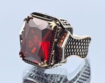 Ottoman Mens Ruby Ring in 925 Sterling Silver with Rectangle Faceted Cut Stone and Bronze Accents