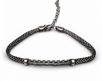 Engraved Scroll Bar Bracelet, 925 Sterling Silver, Oxidized Italian Mesh Chain, Unisex Design
