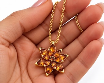 Garnet Twelve-Petal Lotus Necklace, January Birthstone, 14K Gold Plated 925 Sterling Silver