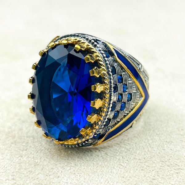 Bague pour hommes en pierre de saphir bleu, bague en argent faite à la main turque, argent sterling 925K, bijoux pour hommes, bague de style ottoman, bague en argent cadeaux