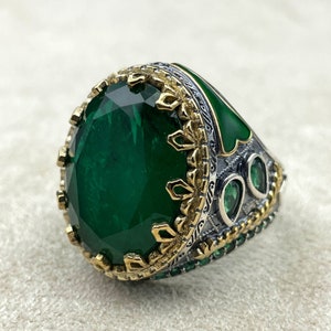 Men&#39;s Emerald Stone Silver Ring, Turkish Handmade Ring, 925k Sterling Silver Ring, Emerald Ring, Ottoman Men Ring, Men Jewelry, Gift for Him