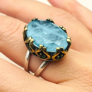 Blauer Turmalinstein Ring Frauen, Großer Oval Paraiba Stein Ring Damen, Handgemachter Ring, 925 Sterling Silber, Authentischer Silberring, Geschenk Für Sie