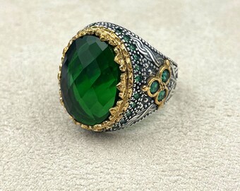 Mens Green Cubic Zirconia Ring: Handmade 925 Ottoman Silver