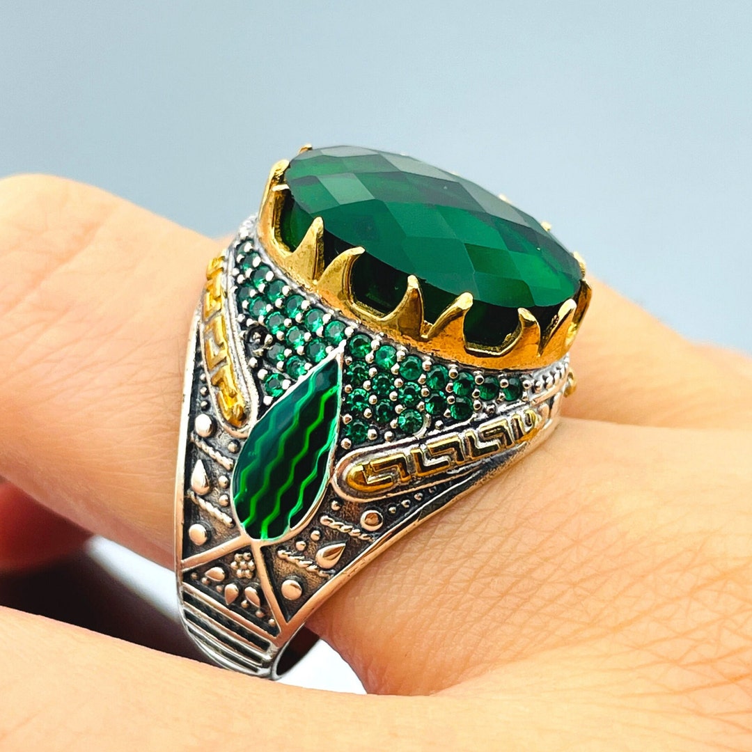 Zircon Ring Men: Ottoman Style 925 Sterling Silver, Green Stone