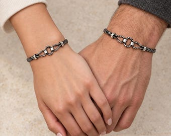 Infinity Link Bracelet, 925 Sterling Silver, Italian Mesh Chain, Oxidized Unisex Design
