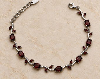 Women's Garnet Bracelet, 925 Sterling Silver, Red Stone Floral and Leaf Link Jewelry