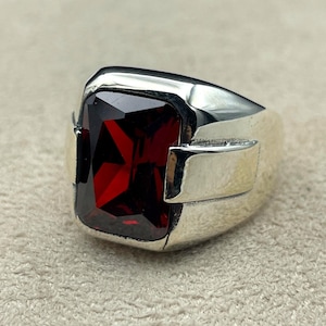Mens Red Ruby Stone Silver Ring, Red Stone Silver Ring, Turkish Handmade Silver , Simple Stone Ring, Gift for Him,925k Solid Silver Ring