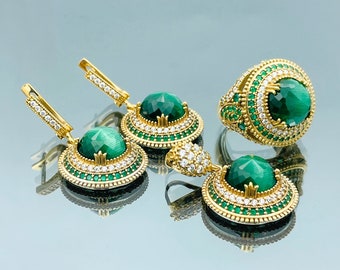 Malachite Ring and Earrings Set: 925 Sterling Silver, Turkish Handmade