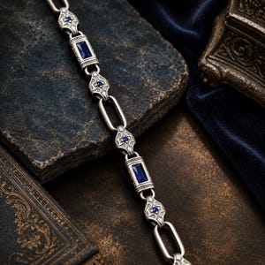 Puede incluir: Una pulsera de cadena de metal plateado con eslabones rectangulares alternos engastados con piedras azul oscuro de corte baguette y eslabones ornamentados en forma de escudo con pequeñas piedras redondas azul oscuro en un patrón simétrico.