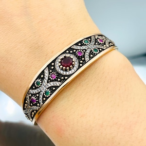 Ruby Red Women Bracelet, 925 Sterling Silver, Turkish Handmade, Cuff Women Bracelet Jewelry, Gift For Her, Authentic Design Hurrem Bracelet