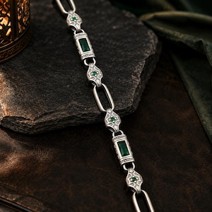 Boho 925 sterlingsilver keltiskt barhalsband, baguette smaragdgrönt kronmönstrat armbandsset