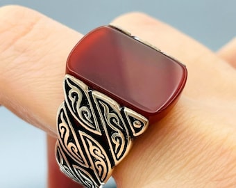 Mens Red Agate 925 Silver Ring: Handmade Ottoman Style