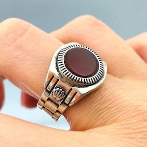 Mens Red Agate Stone Silver Ring, Yemeni Aqeeq Stone Ring, Oval Stone Ring, Turkish Handmade Ring, 925k Solid Silver Ring, Gift For Him