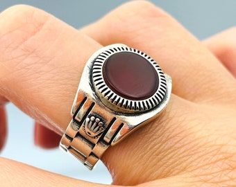 Mens Red Agate 925 Sterling Silver Ring - Turkish Handmade