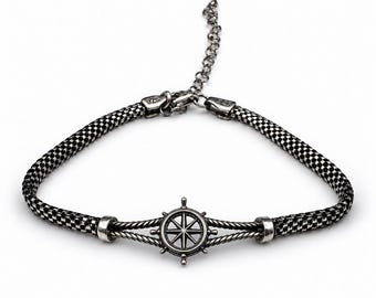 Nautical Ship Wheel Bracelet, 925 Sterling Silver, Italian Mesh Chain, Unisex Design