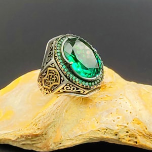 Men's Emerald Stone Silver Ring, Turkish Handmade Ring, 925k Sterling ...