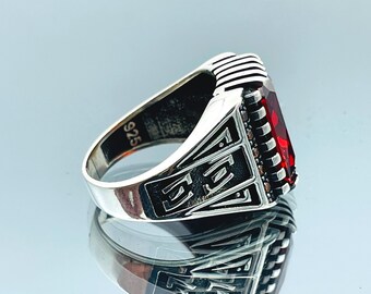 Anello Uomo In Argento 925 Con Rubino Rosso - Fatto A Mano, Design Ottomano Turco (Regolabile)