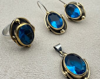 Aquamarine Necklace,Ring and Earring Set, Aquamarine Stone Silver Women 925 Sterling Silver, Gothic Set, Vintage Set, Gift,