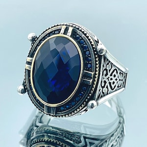 Zircon Stone Silver Ring, Turkish Blue Stone Men Ring, Handmade Turkish Engraved Ring, Gift For Him, Anniversay Gift For Husband, Fashion