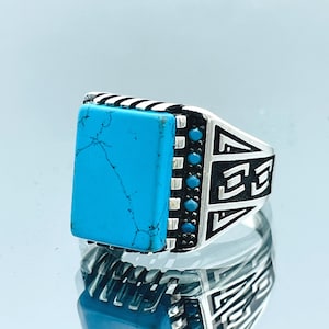Men Natural Turquoise Stone Ring, Blue Gemstone Silver Ring, Engraved Ring, Turkish Handmade Ring, 925 Sterling Silver, Authentic Gift Him