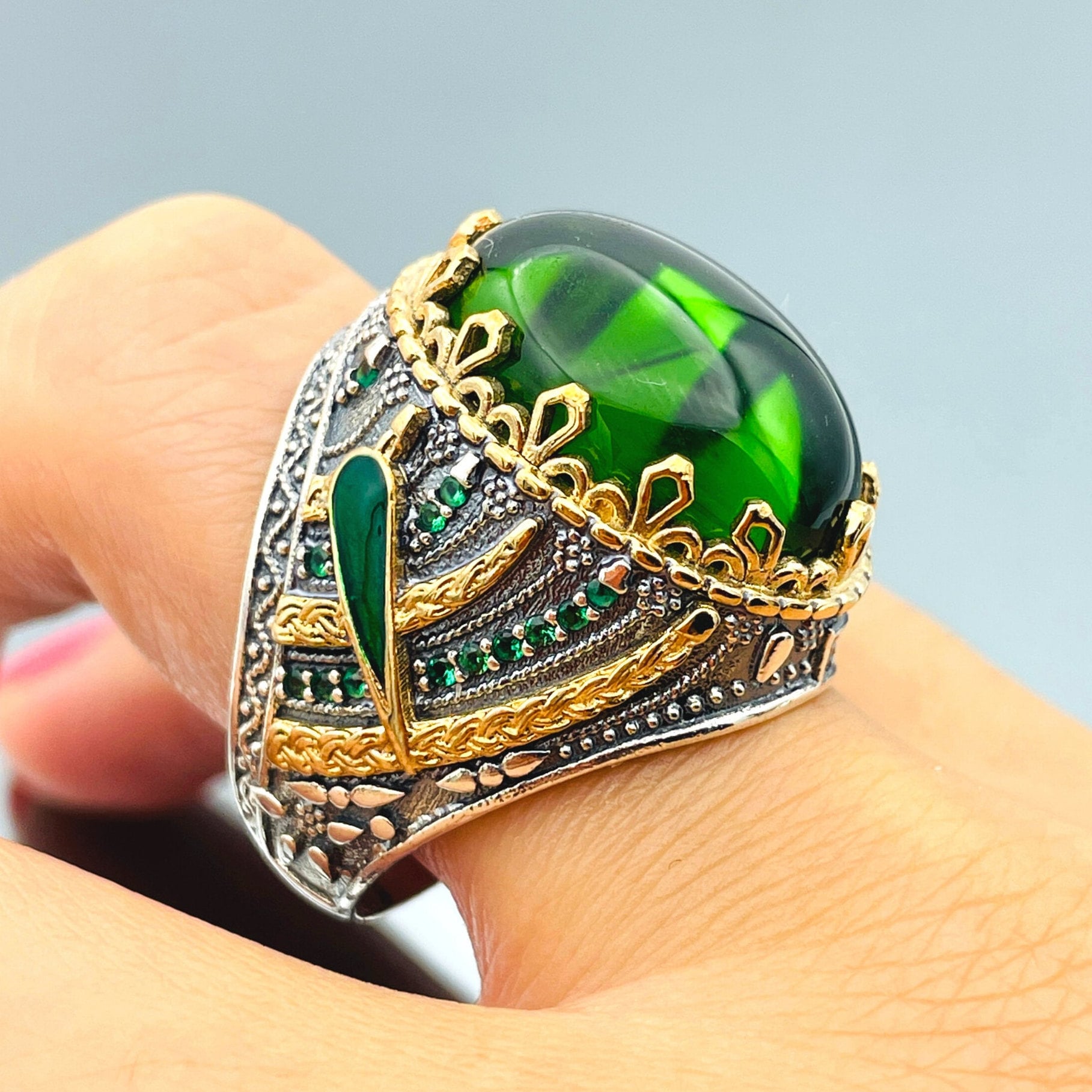 1 gram gold plated green stone with diamond funky design ring for men –  Soni Fashion®