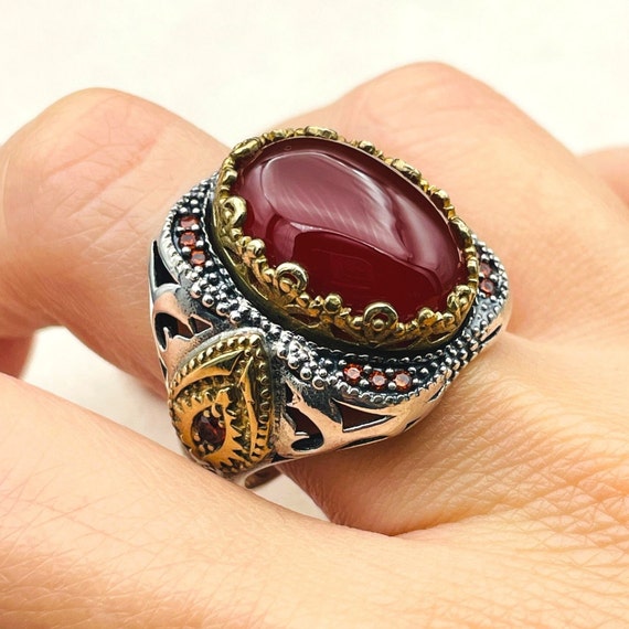 ◇agete◇アガット　　リング　　シルバー　赤瑪瑙・レッドアゲート Mens Red Agate 925 Sterling Silver Ring: Handmade Turkish Ottoman