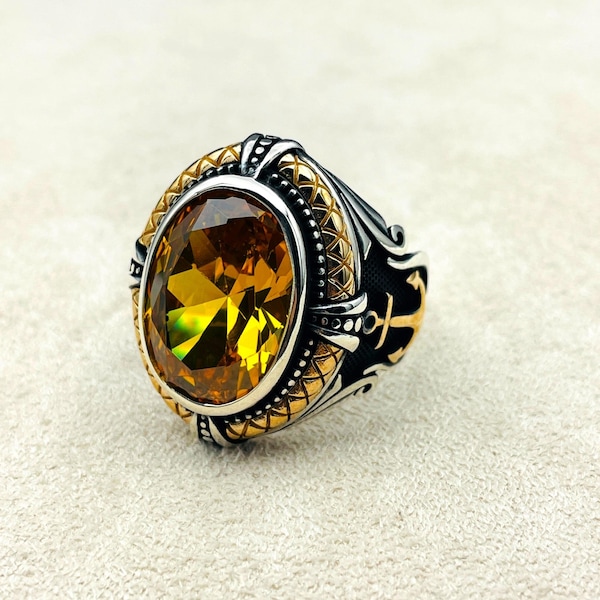 Mens Yellow Citrine Stone Silver Ring, Anchor Detailed Ring, Turkish Handmade Silver Ring, 925 Sterling Silver,Silver Jewelry,Gift Hor Him