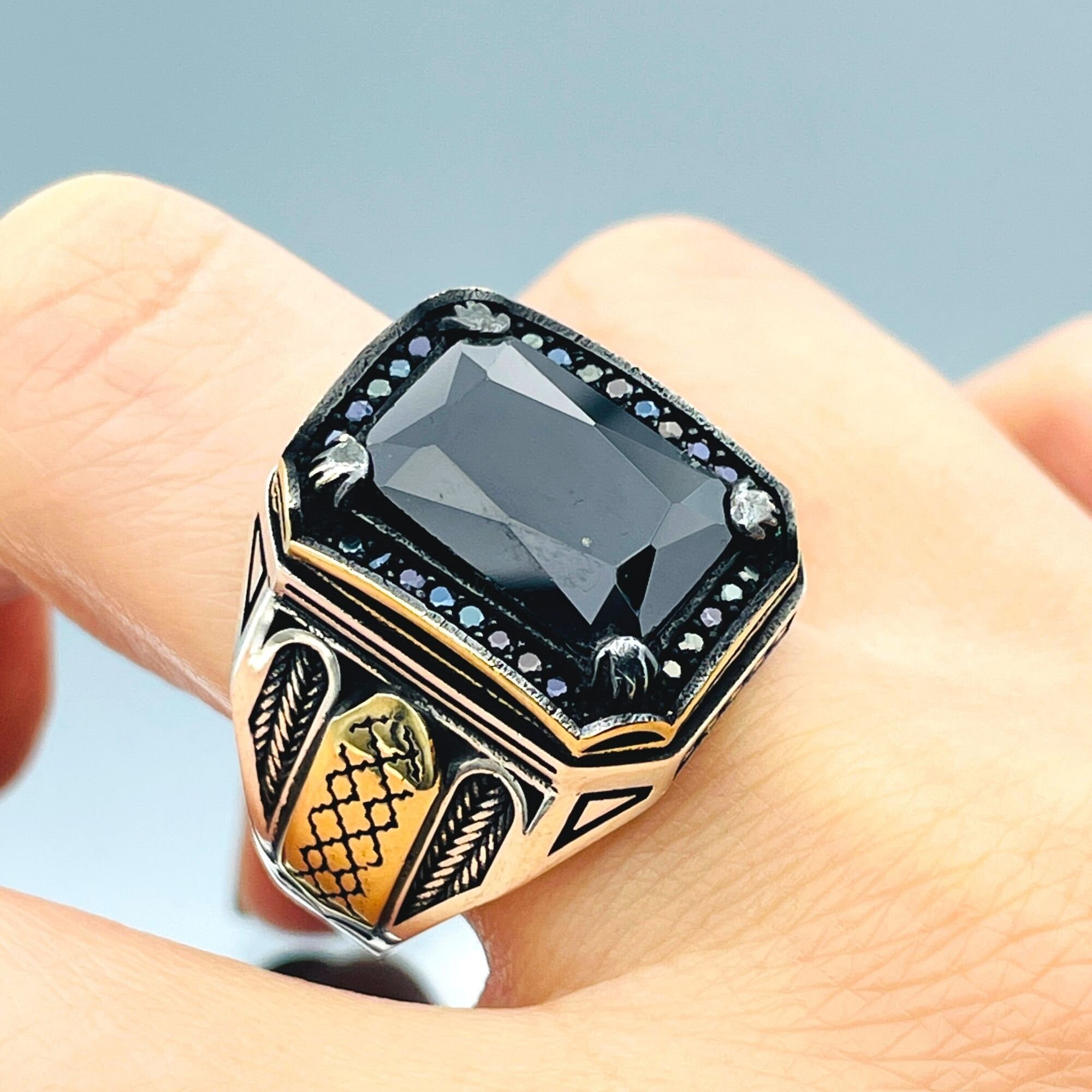 Black Onyx Squared Stone Mens Ring, Turkish Handmade Ring