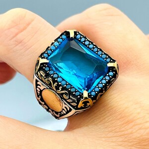 Men&#39;s Blue Sapphire Stone Ring, Turkish Handmade Ring, Squared Stone Ring, Mens Jewelry, Ottoman Style Ring,925 Sterling Silver,Gifts Ring