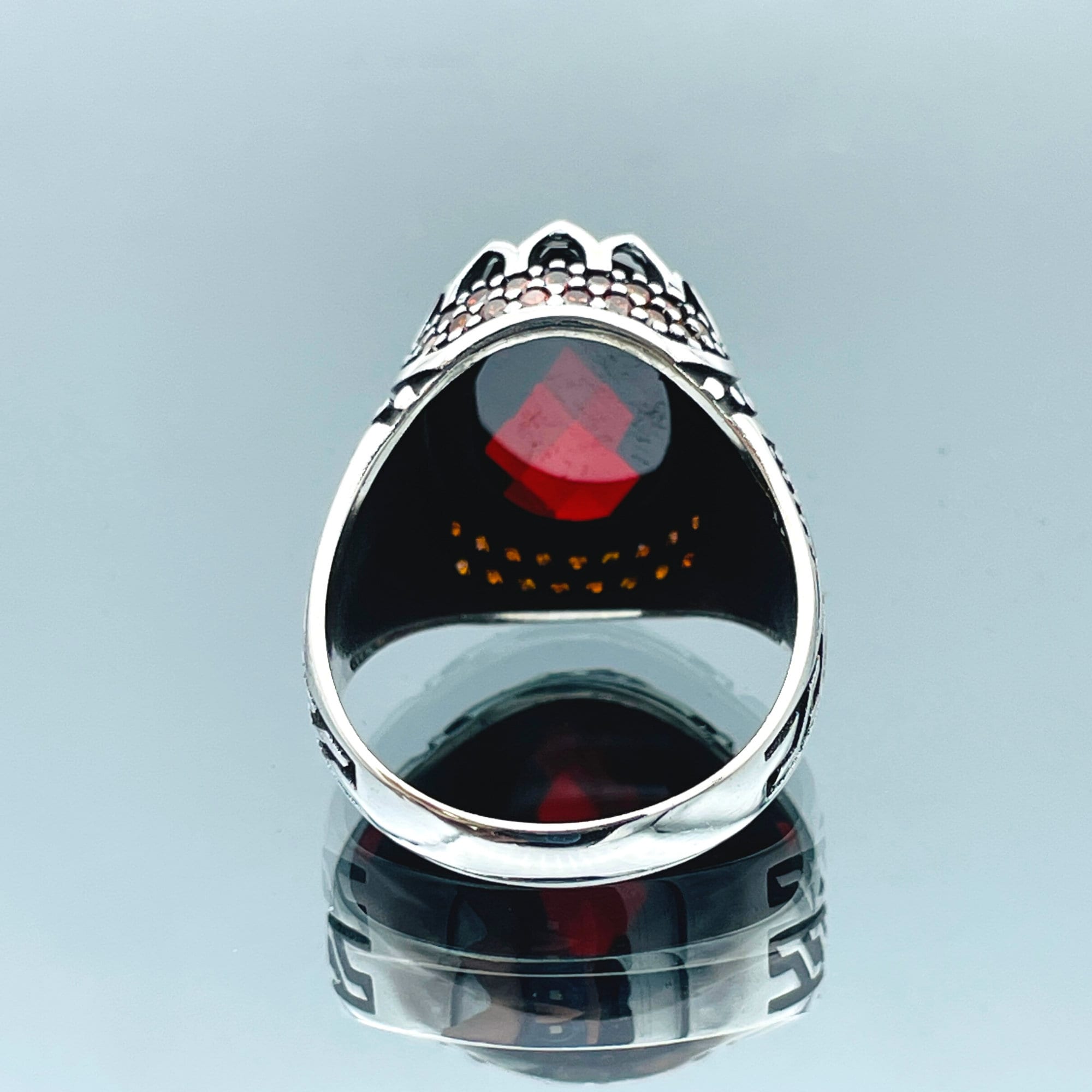 Men Oval Zircon Stone Ring, Handmade Red Stone Silver Ring