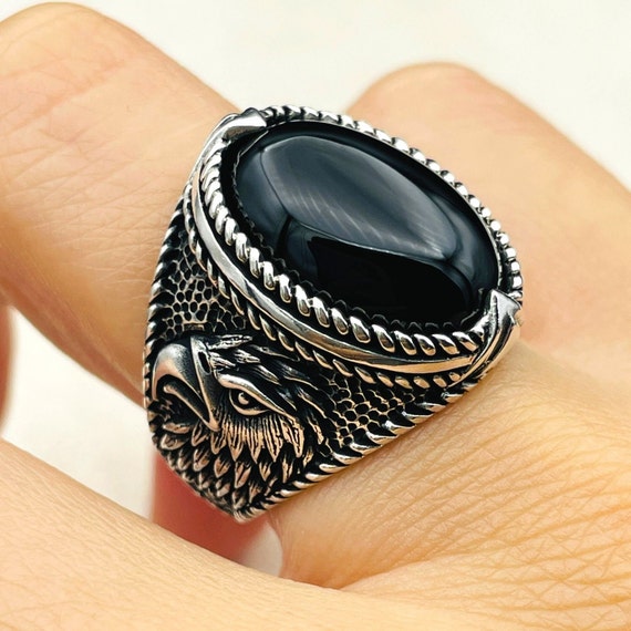 Men Black Onyx Stone Silver Ring, Turkish Handmade Ring