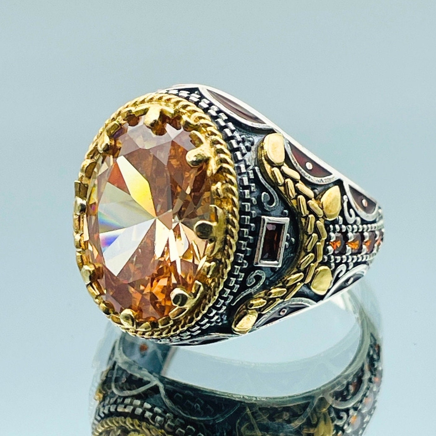 シトリンリング メンズ：手作り925スターリングシルバー トルコ