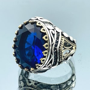 Men Sapphire Stone Ring, Blue Stone Oval Ring, Turkish Handmade Ring, Engraved Ring, 925 Sterling Silver, Gift For Him, Authentic Ottoman